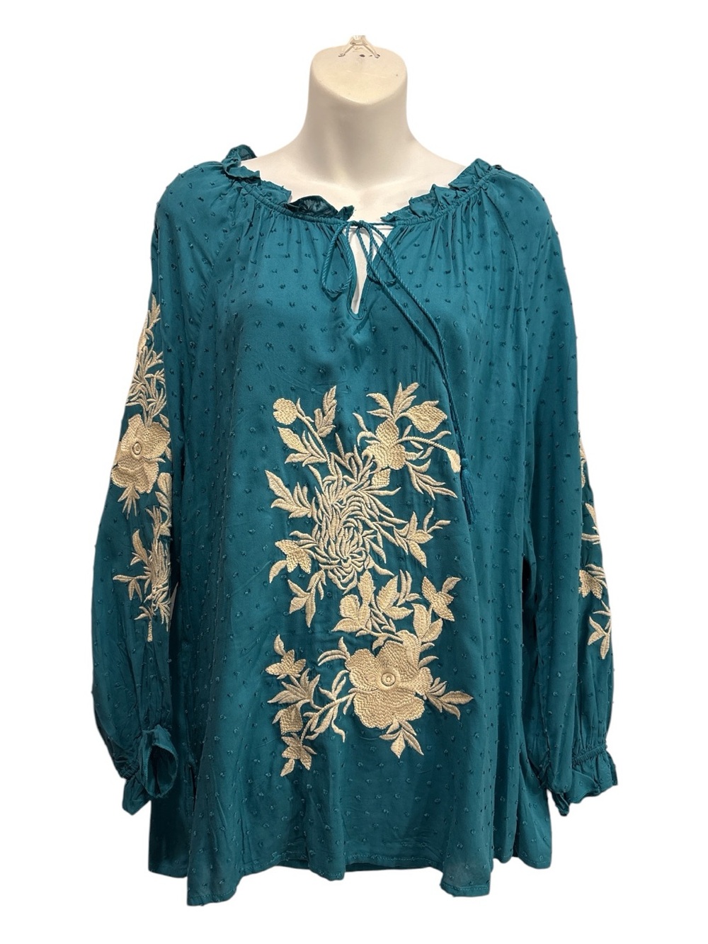 Solitaire Teal Embroidered Boho textured  Blouse with tie neck size large